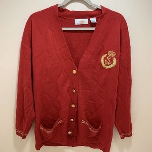 Vintage Coral Bay Button Up Red Sweater embroidered ~ Sz M~ Long Sleeve